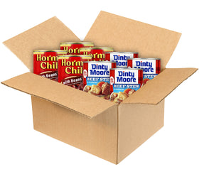Hormel Chili with Beans cans in a pantry display, ready for quick meals.