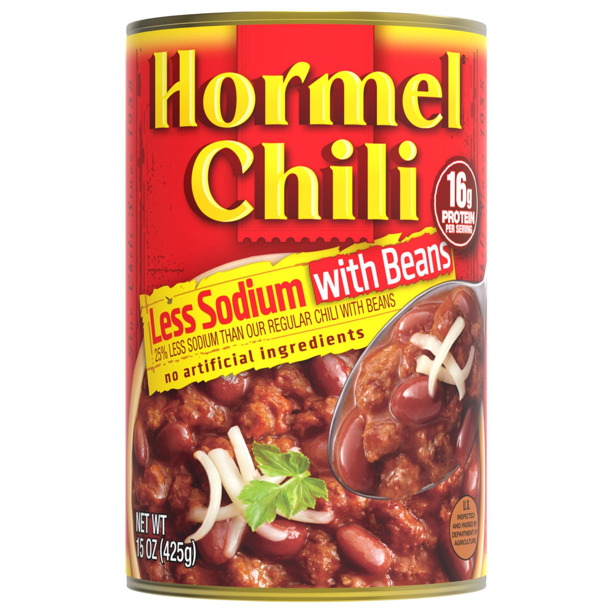Hormel Chili with Beans Less Sodium can, side view, ideal for quick bowls and dips.