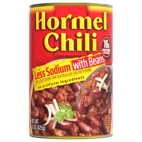 Hormel Chili with Beans Less Sodium can, side view, ideal for quick bowls and dips.