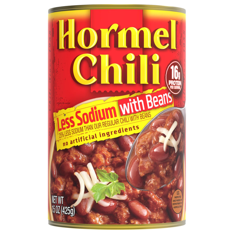 Hormel Chili with Beans Less Sodium can, side view, ideal for quick bowls and dips.