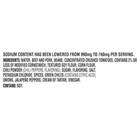 Hormel Chili with Beans Less Sodium serving bowl, ready for meals or toppings.