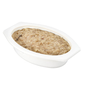 Beef chunks and noodles in creamy Stroganoff sauce on a plated serving.