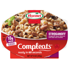HORMEL COMPLEATS Beef Stroganoff tray 9oz in a six-pack, convenient ready-to-eat dinner.