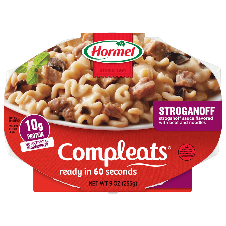 HORMEL COMPLEATS Beef Stroganoff tray 9oz in a six-pack, convenient ready-to-eat dinner.