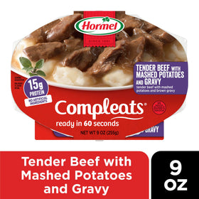 Hormel Compleats beef with gravy close-up showing creamy mashed potatoes