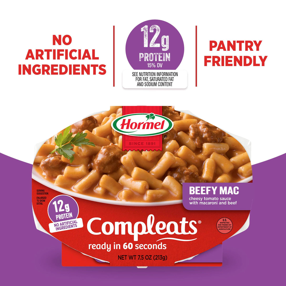 HORMEL COMPLEATS Beefy Mac & Cheese single-serve tray ready.
