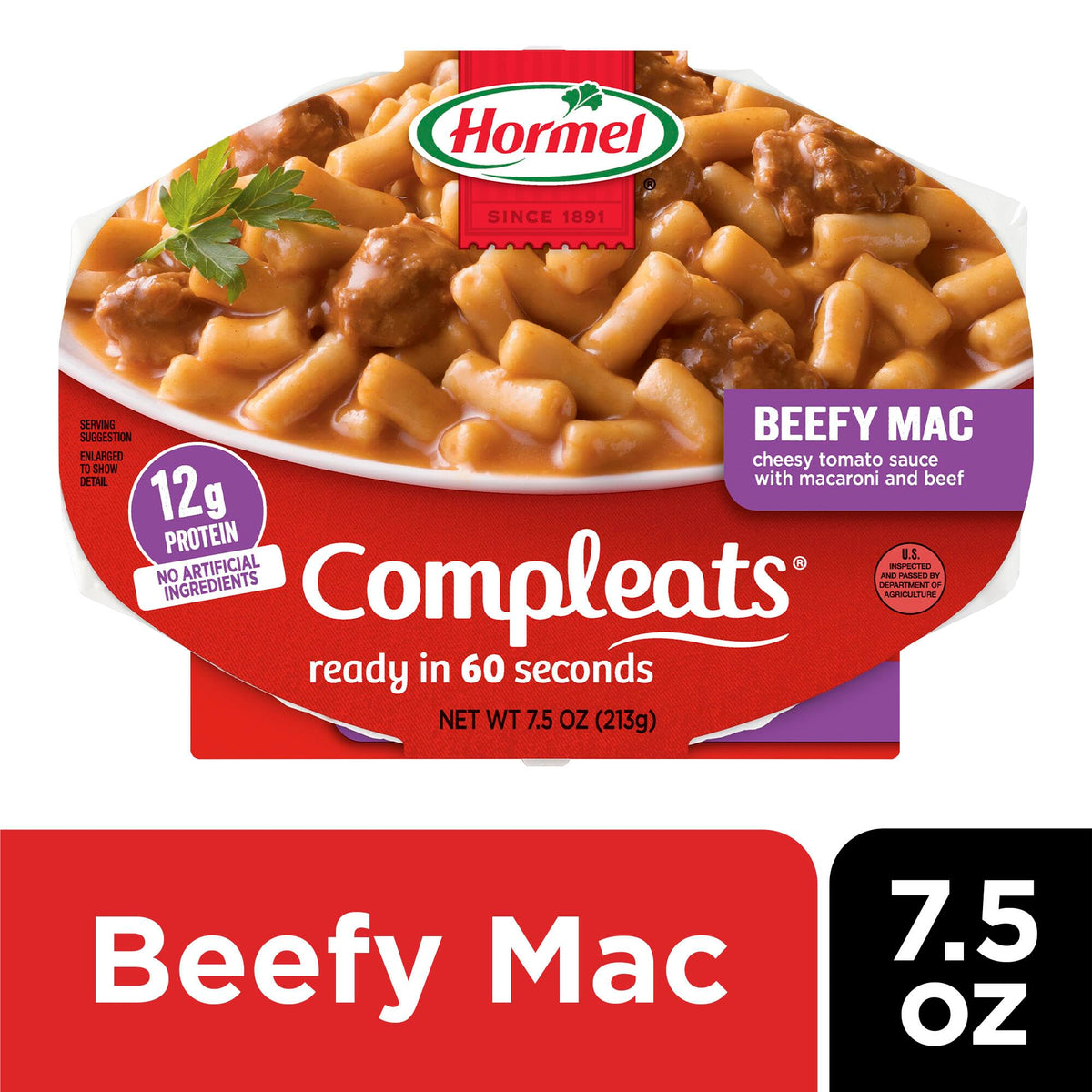 HORMEL COMPLEATS Beefy Mac & Cheese tray closeup shows beef chunks and creamy sauce.
