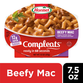 HORMEL COMPLEATS Beefy Mac & Cheese tray closeup shows beef chunks and creamy sauce.