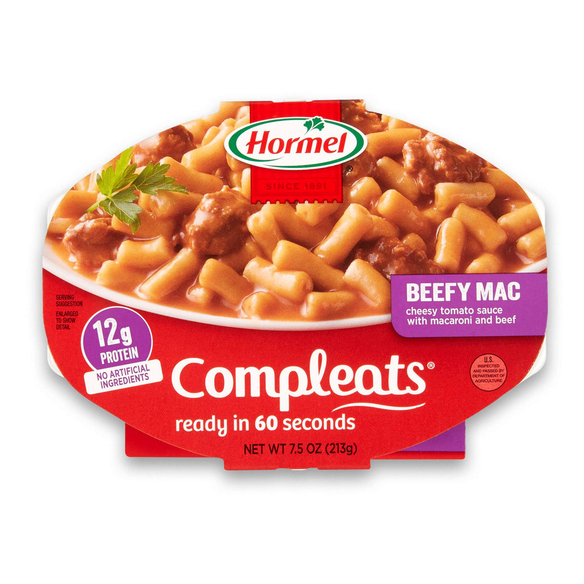 HORMEL COMPLEATS Beefy Mac & Cheese tray front view for quick-dine convenience.