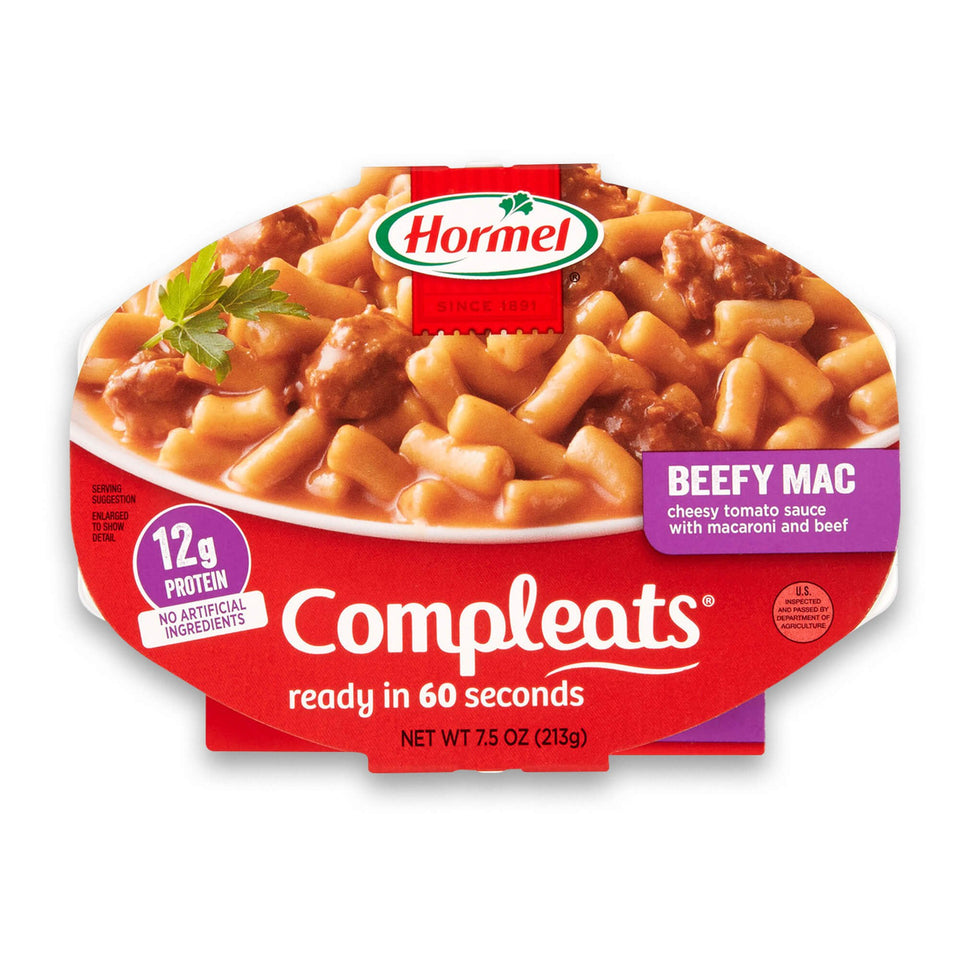 HORMEL COMPLEATS Beefy Mac & Cheese tray front view for quick-dine convenience.