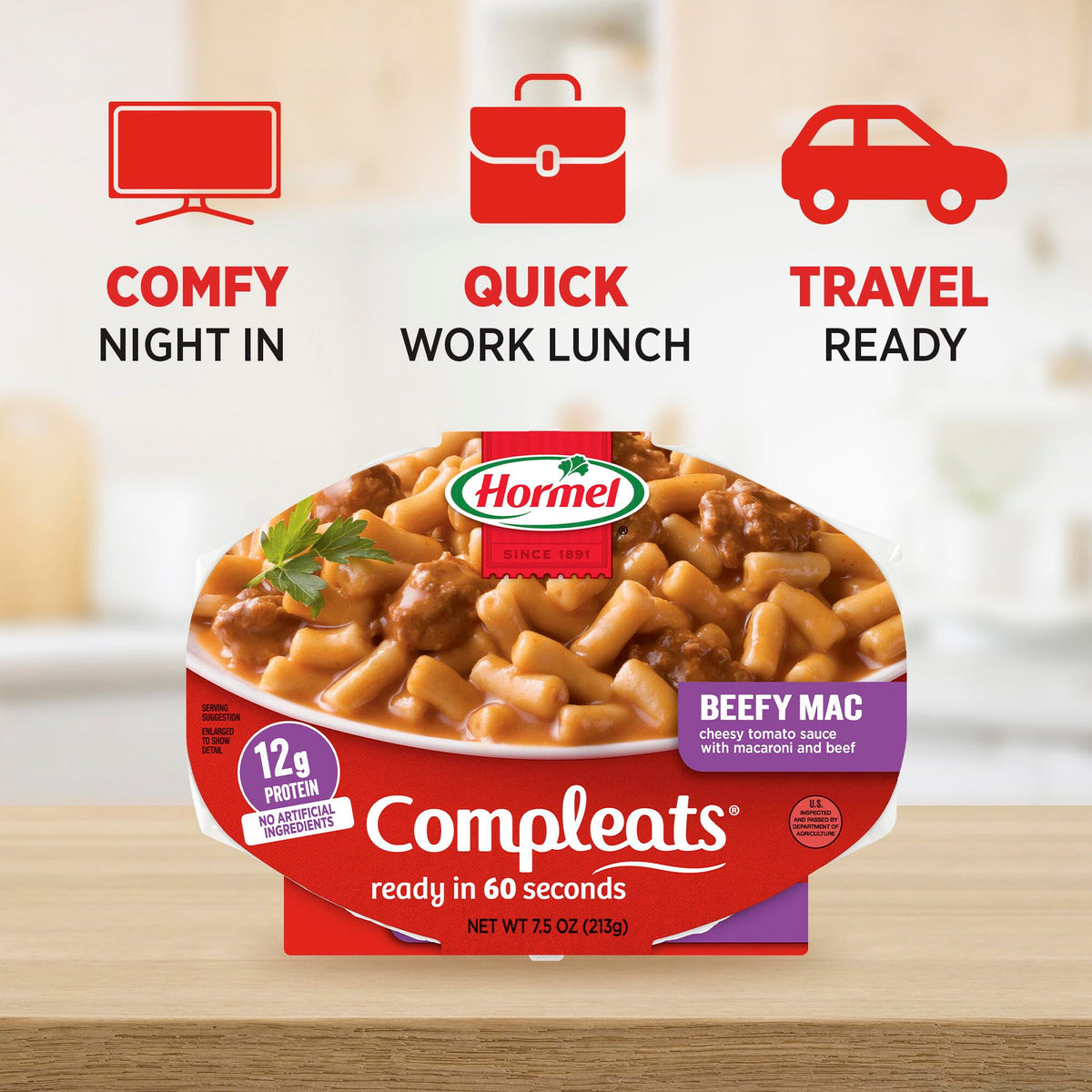 HORMEL COMPLEATS Beefy Mac & Cheese tray microwave ready in 60 seconds.