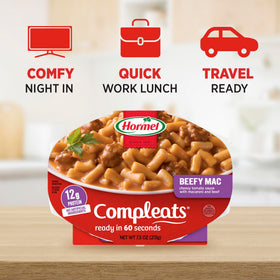 HORMEL COMPLEATS Beefy Mac & Cheese tray microwave ready in 60 seconds.