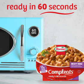 HORMEL COMPLEATS shelf-stable Beefy Mac & Cheese for pantry storage.