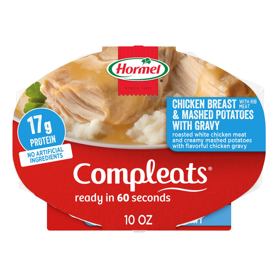 HORMEL COMPLEATS chicken and mashed potatoes tray, ready in 60 seconds for quick dinners.