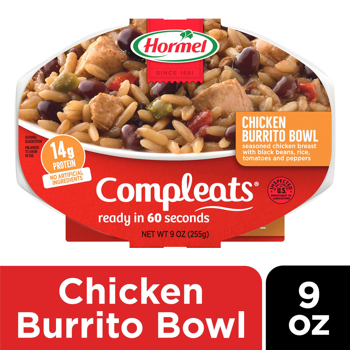 Hormel Compleats Chicken Burrito Bowl ingredients—chicken, beans, rice, tomatoes, peppers.