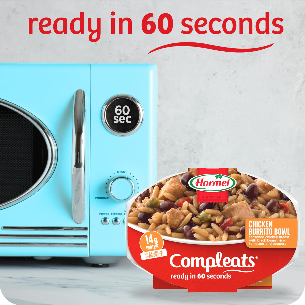 Hormel Compleats Chicken Burrito Bowl shelf-stable pantry staple with no prep.