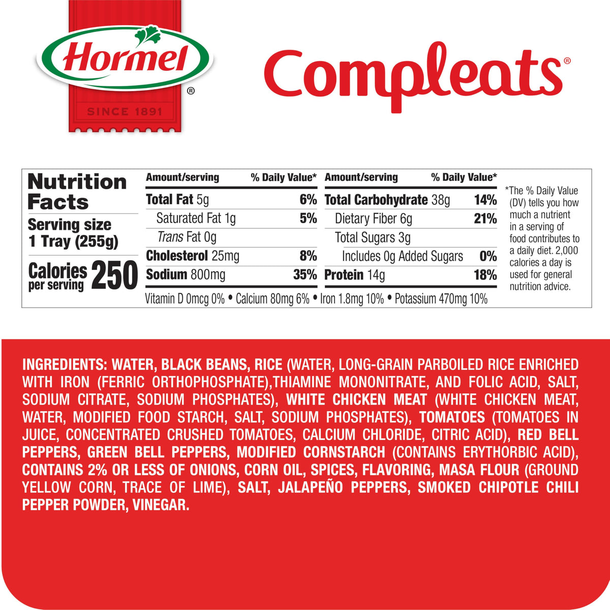Hormel Compleats Chicken Burrito Bowl provides 14 g protein per serving.