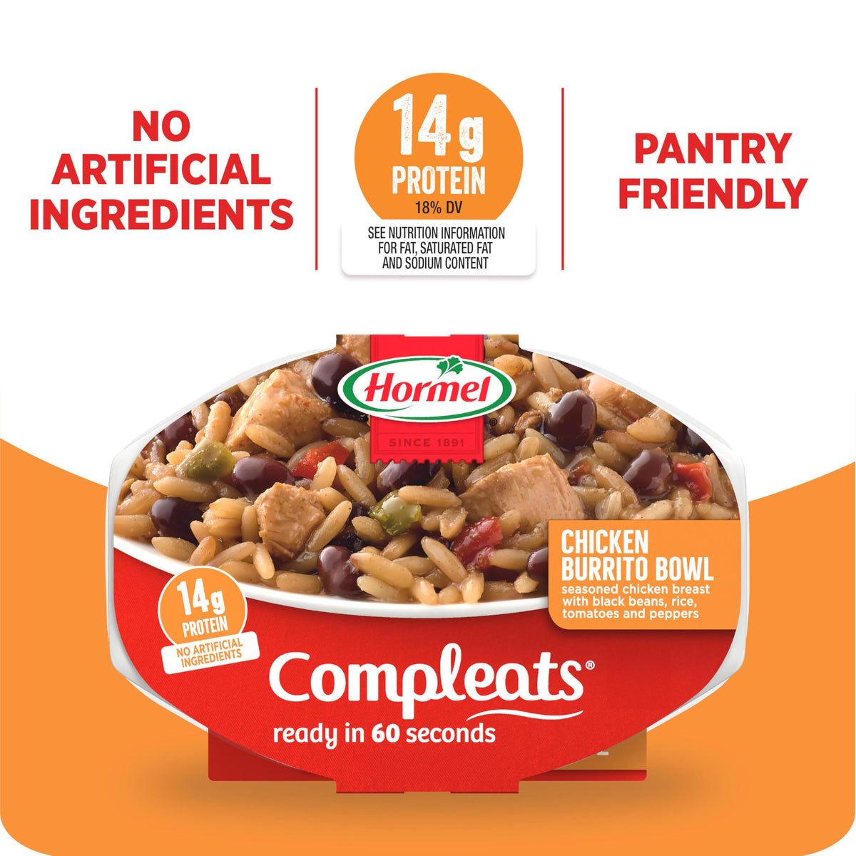 Hormel Compleats Chicken Burrito Bowl rice and beans with satisfying texture.