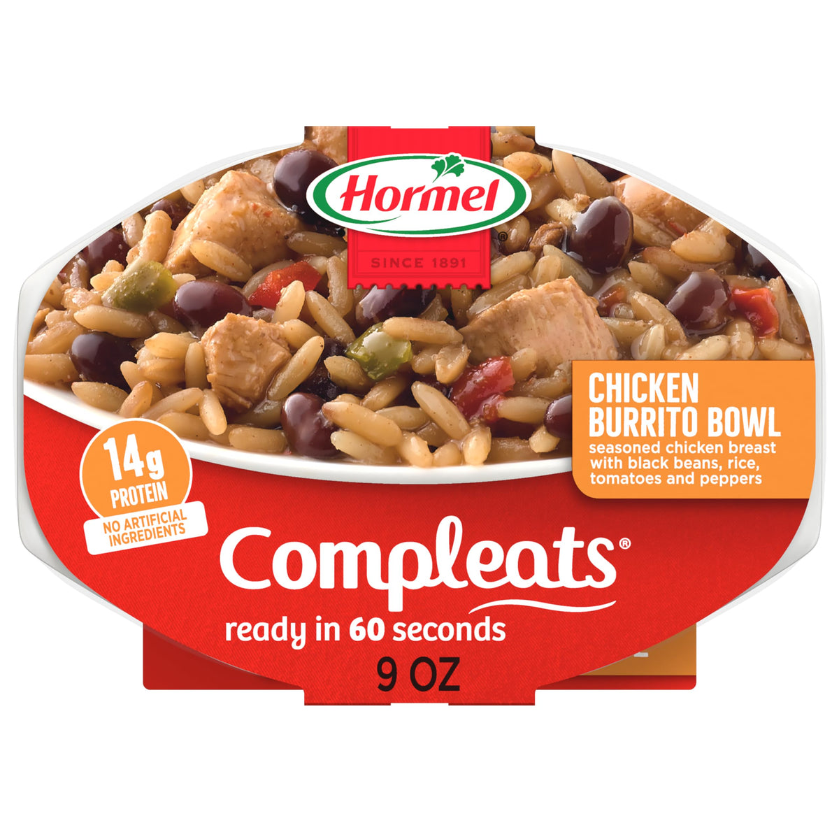 Hormel Compleats Chicken Burrito Bowl tray—ready-to-heat in minutes.