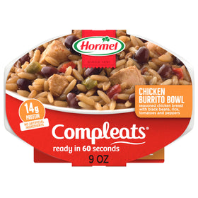 Hormel Compleats Chicken Burrito Bowl tray—ready-to-heat in minutes.