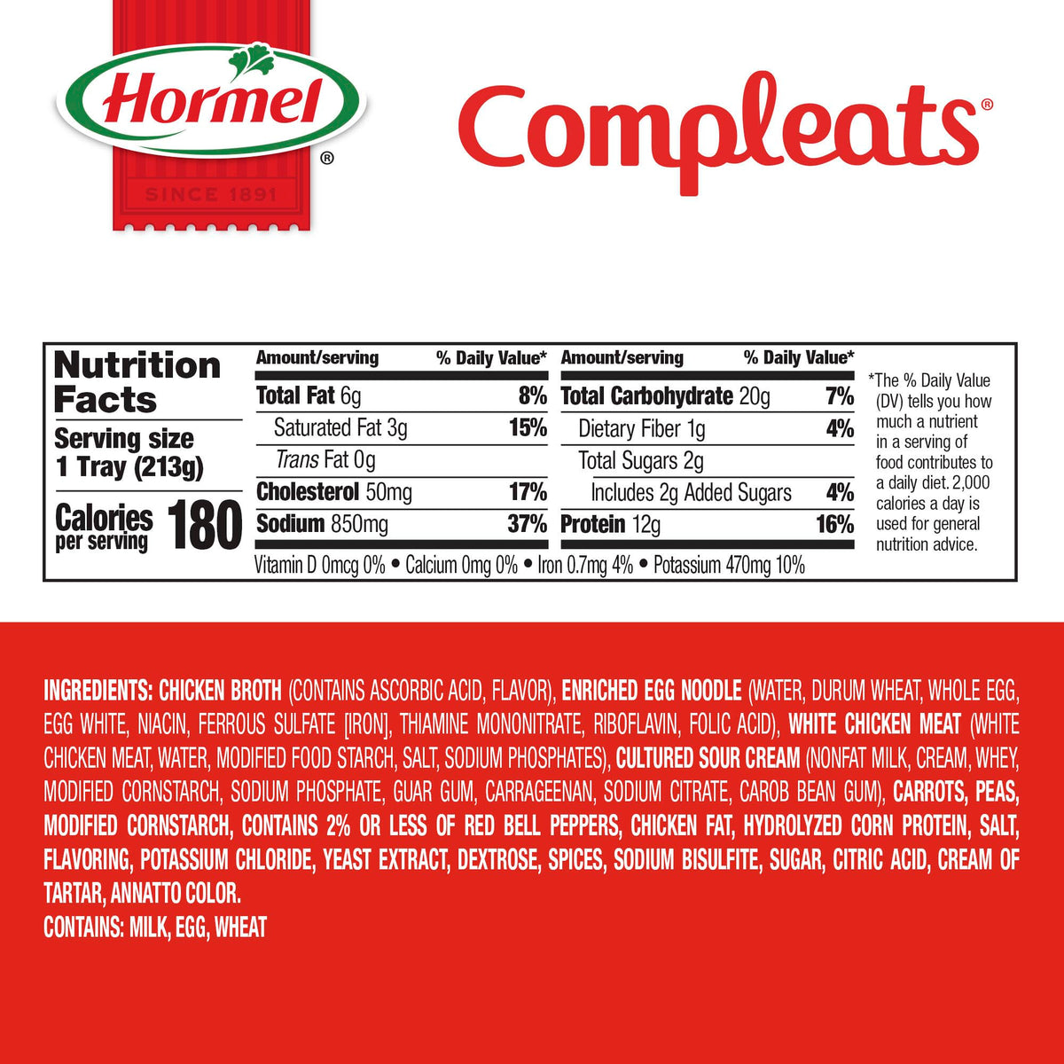 HORMEL COMPLEATS Chicken and Noodles tray nutrition panel emphasizes protein per serving