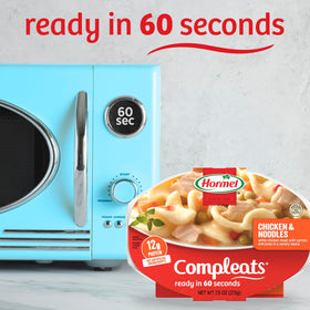 HORMEL COMPLEATS Chicken and Noodles tray packaging highlights shelf-stable convenience