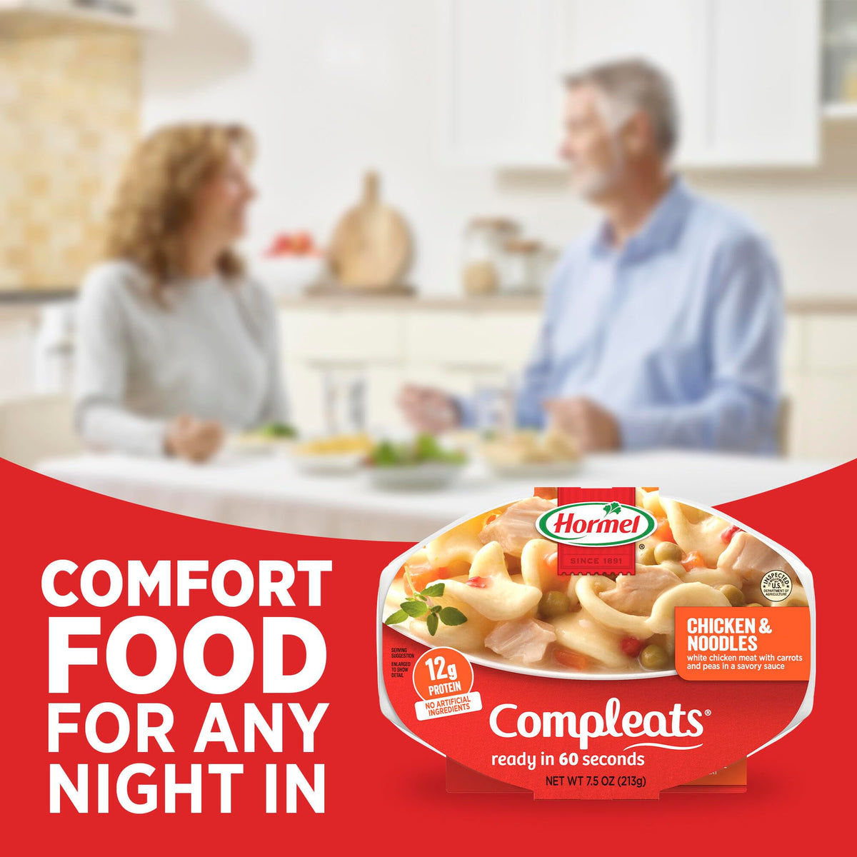 HORMEL COMPLEATS Chicken and Noodles tray in a microwave-ready setting