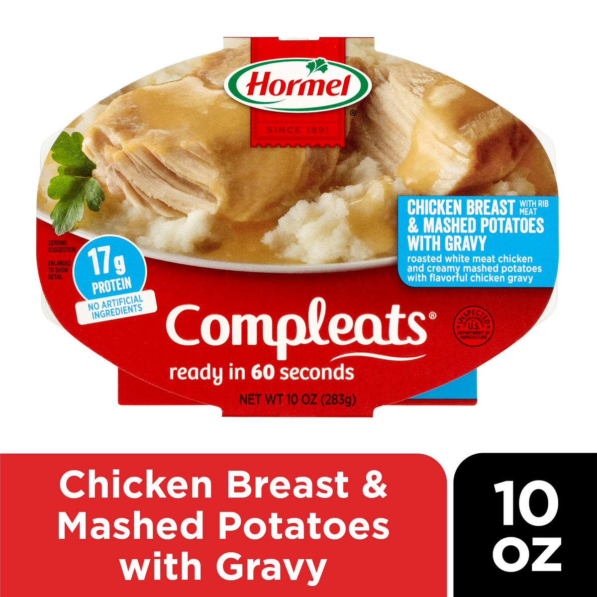 HORMEL COMPLEATS chicken white meat closeup, protein-rich comfort in a tray.