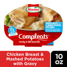 HORMEL COMPLEATS chicken white meat closeup, protein-rich comfort in a tray.