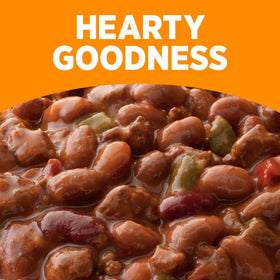 HORMEL COMPLEATS chili with beans desk lunch setup offers quick nourishment.
