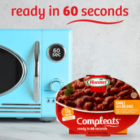 HORMEL COMPLEATS chili with beans ingredients closeup highlighting wholesome components.
