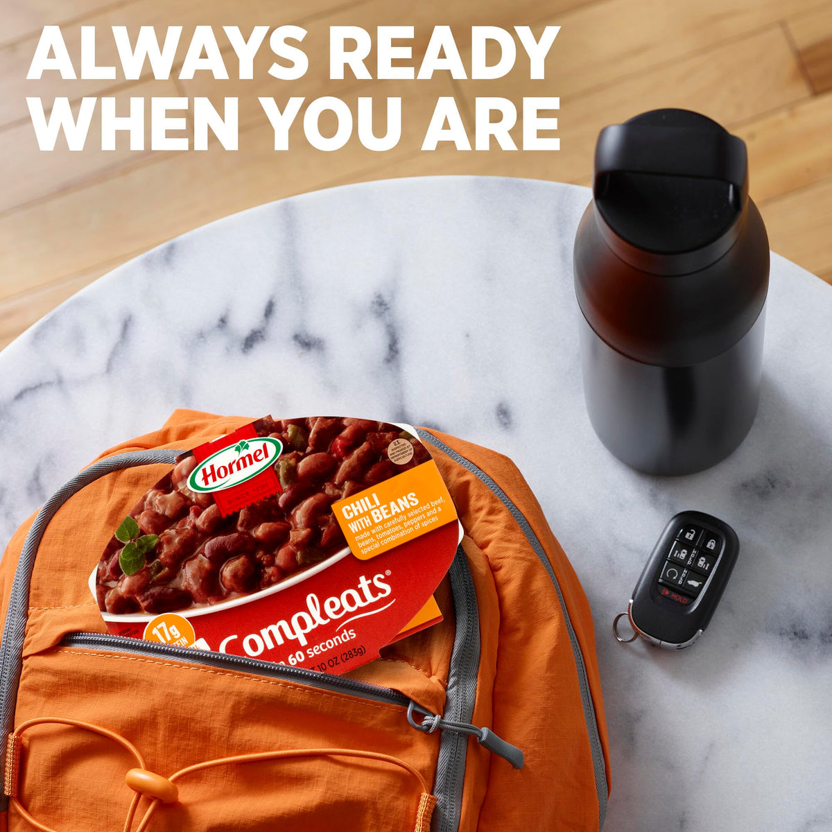 HORMEL COMPLEATS chili with beans pantry-storage setup for easy access.