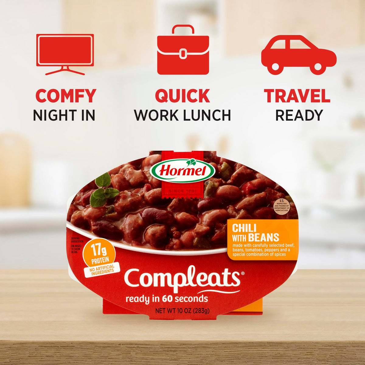 HORMEL COMPLEATS chili with beans serving bowl showing a hearty portion.