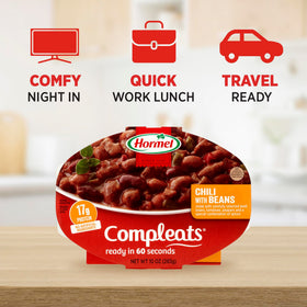 HORMEL COMPLEATS chili with beans serving bowl showing a hearty portion.