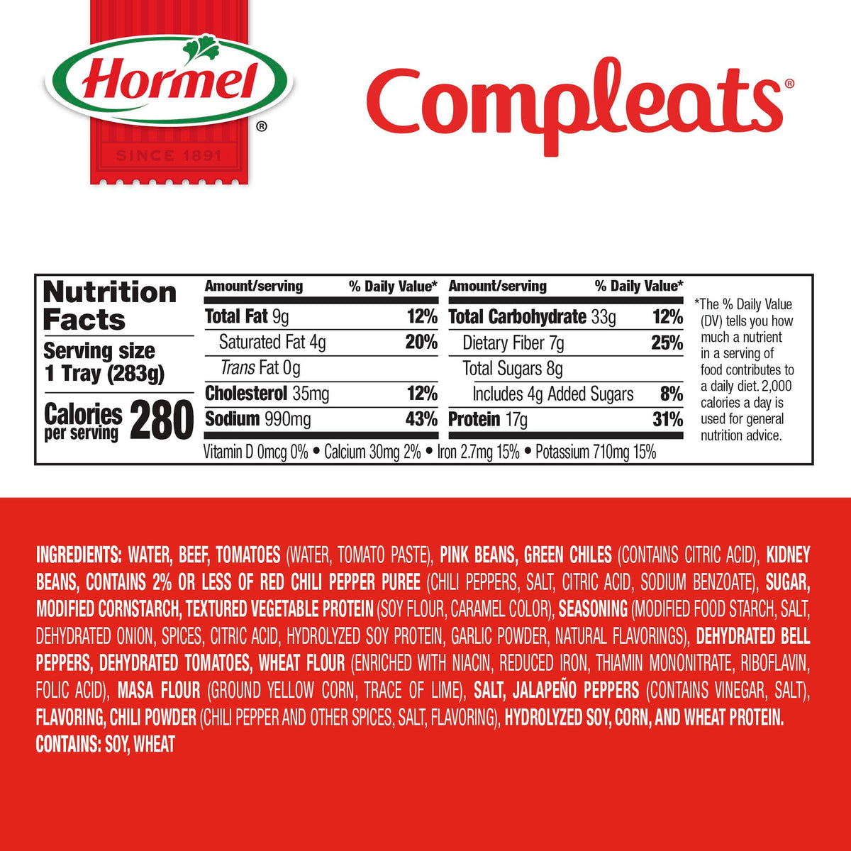 HORMEL COMPLEATS chili with beans shelf-stable packaging signals pantry-ready meals.