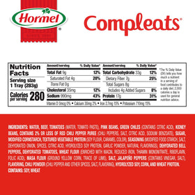 HORMEL COMPLEATS chili with beans shelf-stable packaging signals pantry-ready meals.