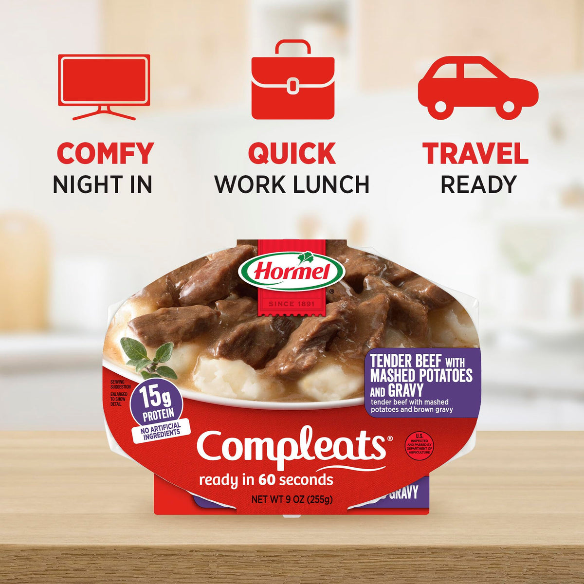 Hormel Compleats beef dinner on table ready to serve