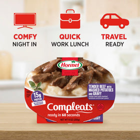 Hormel Compleats beef dinner on table ready to serve