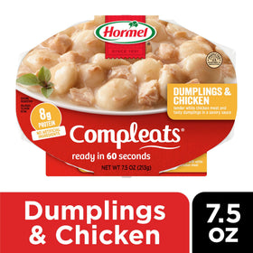 Close-up of HORMEL COMPLEATS Dumplings & Chicken ready meal heats in 60 seconds
