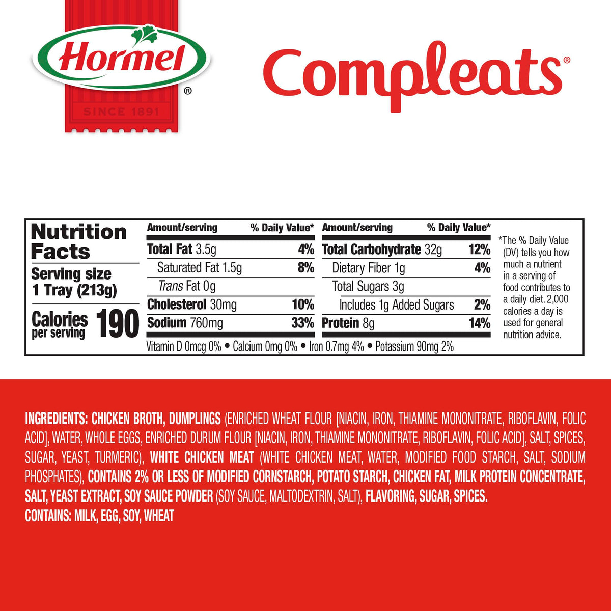 7.5 oz meal portion from Hormel Compleats Dumplings & Chicken