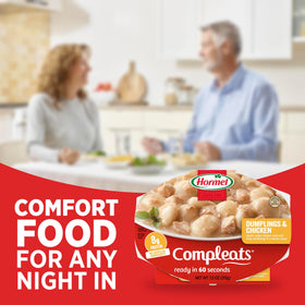 Protein-rich Hormel Compleats Dumplings & Chicken, no refrigeration needed before use