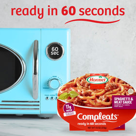 Hormel Compleats ingredients visible in meat sauce and pasta.