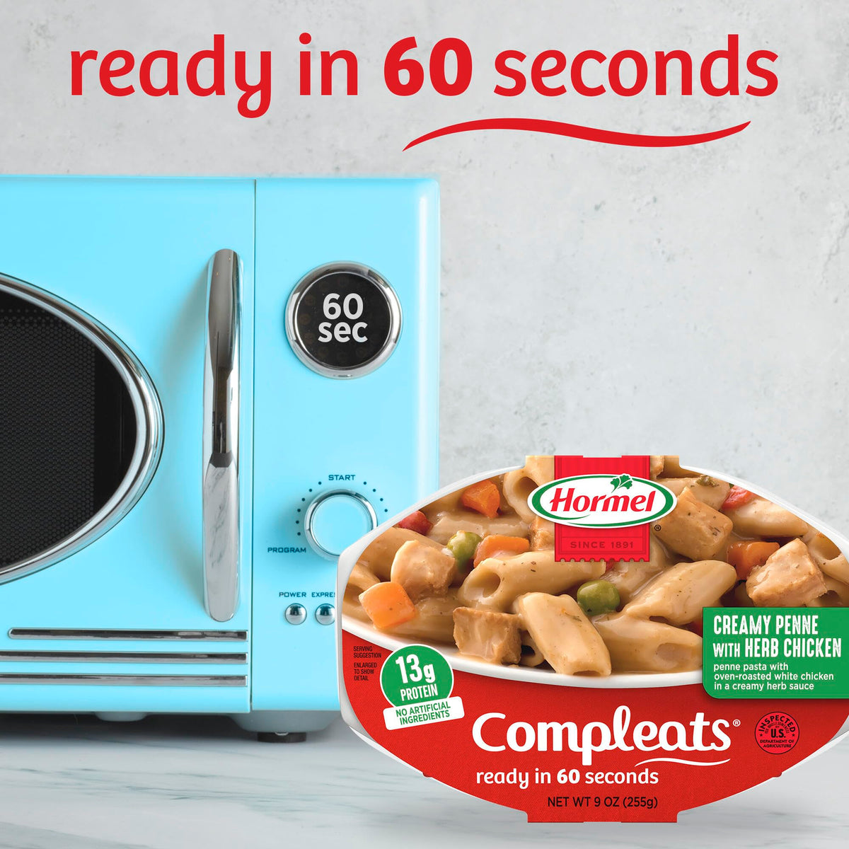 Hormel Compleats Italian Chicken & Penne microwave-ready for rapid lunch or dinner.