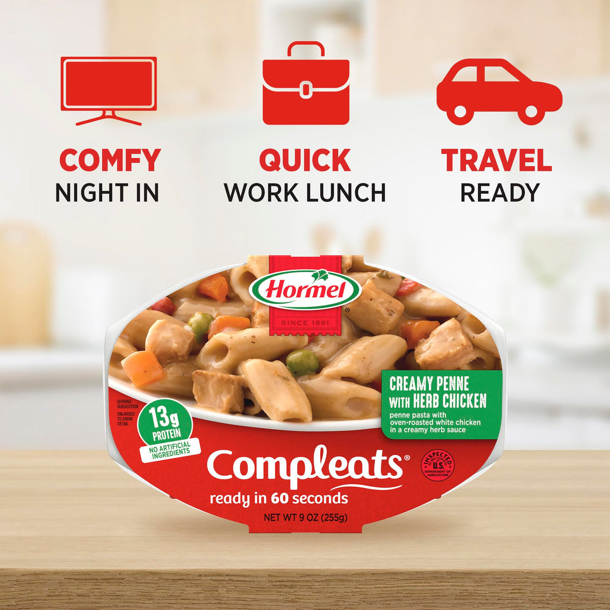 Hormel Compleats Italian Chicken & Penne on pantry shelf for shelf-to-table convenience.