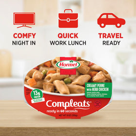 Hormel Compleats Italian Chicken & Penne on pantry shelf for shelf-to-table convenience.
