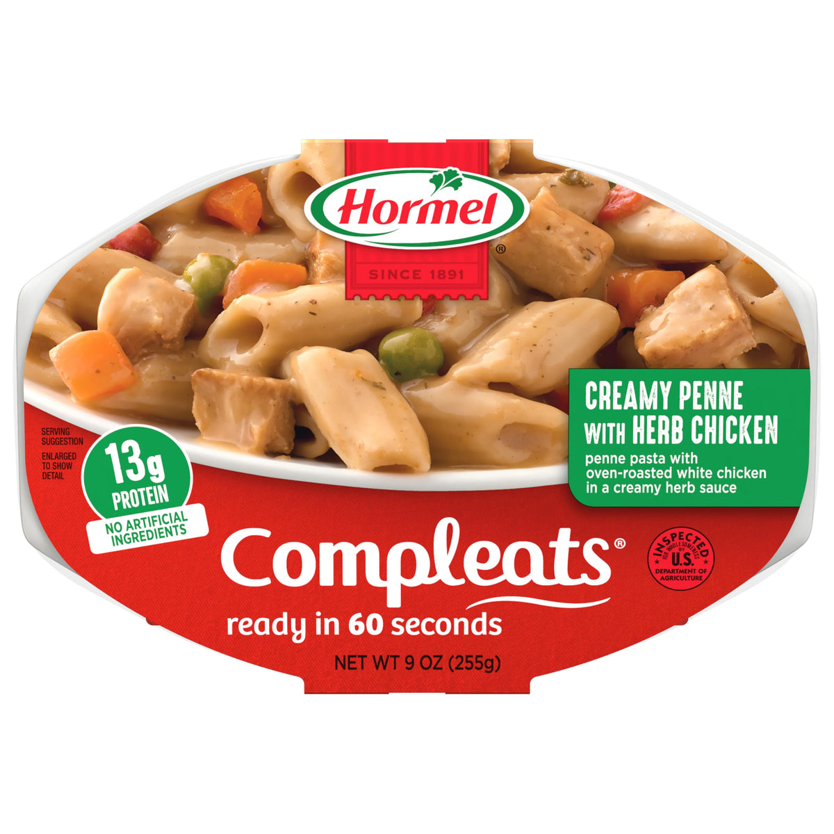 Hormel Compleats Italian Chicken & Penne tray front for quick pantry meals.
