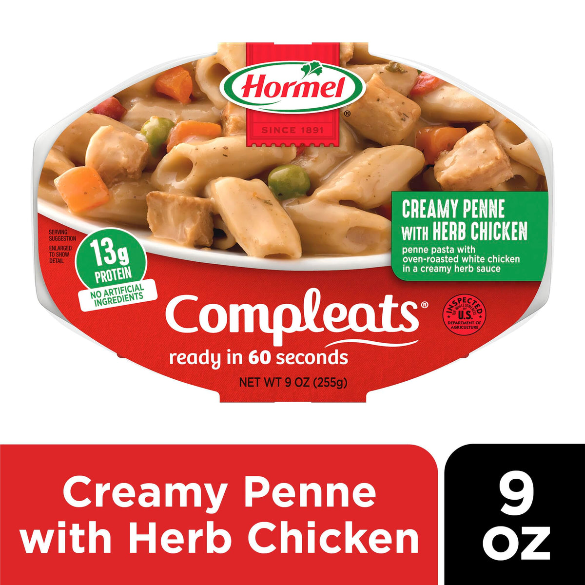 Hormel Compleats Italian Chicken & Penne tray open highlighting microwave-ready supper.