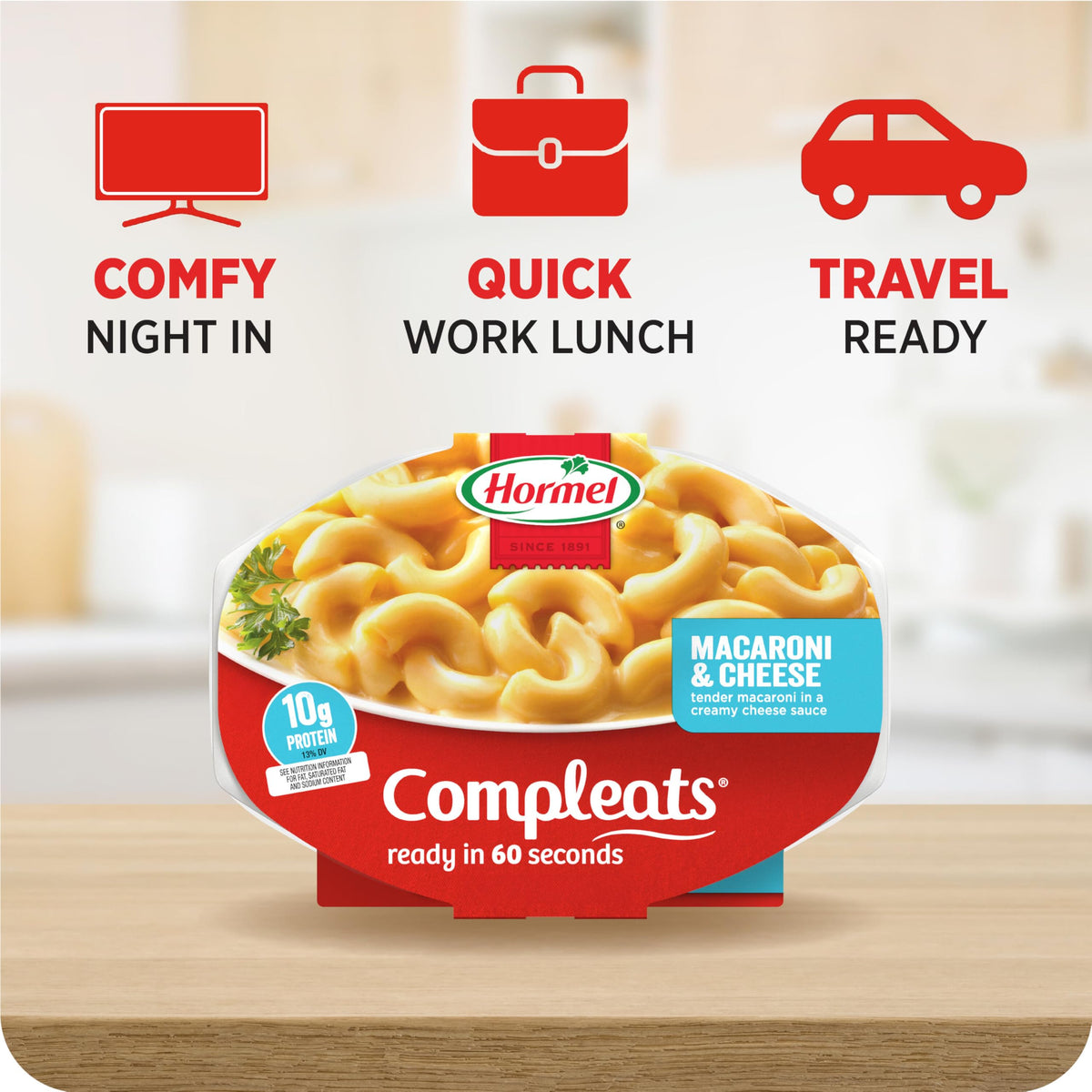 HORMEL COMPLEATS macaroni cheese microwave tray is shelf-stable for easy pantry meals