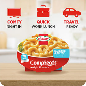 HORMEL COMPLEATS macaroni cheese microwave tray is shelf-stable for easy pantry meals