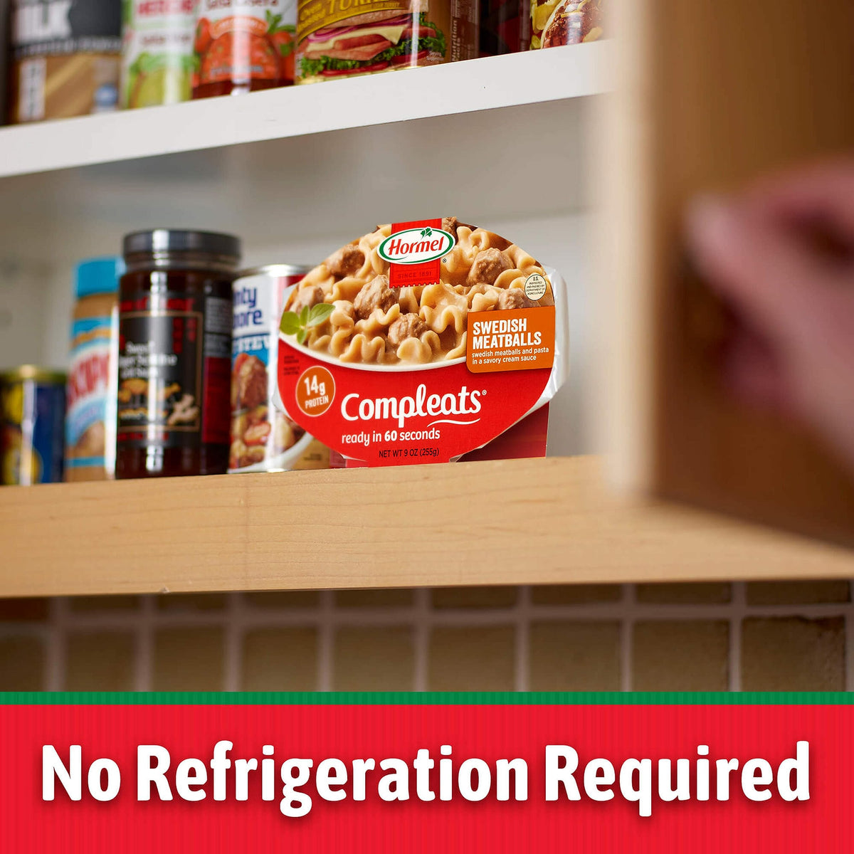 HORMEL COMPLEATS meatballs with noodles and cream sauce, ideal for quick lunches.